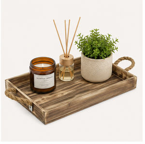 Plateau de service rectangulaire en bois rustique personnalisé avec poignées en corde naturelle, plateau décoratif artisanal style ferme, en promotion - Product Image 4