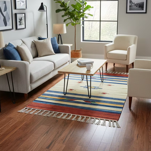 Tapis rectangulaire en coton tissé beige, motif floral moderne, lavable en machine, avec envers réversible, multicolore, pour la maison, les voyages et les pique-niques, vente en gros - Product Image 1