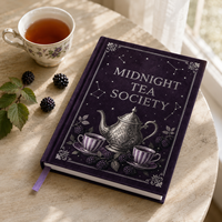 Journal LABON personnalisé Midnight Tea Society, couverture rigide en velours violet, bordure en filigrane argenté, étoiles célestes, théière, mûres