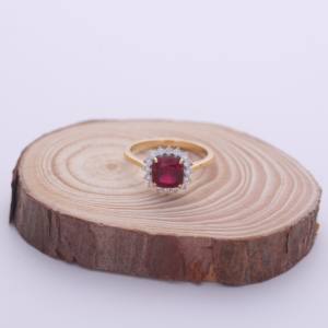 IGI Certified Cushion Cut Ruby Halo Diamond <b>Ring</b> in 18K Yellow / White & Rose Gold - Product Image 2