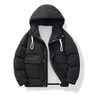 Chaqueta Acolchada Gruesa para Hombre, Negra, con Capucha, Relleno de Poliéster, Casual, Sólida, Impermeable, Transpirable, Cortavientos, con Cierre, para Invierno - Product Image 1