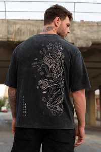 Camiseta de Mezclilla Oversize para Hombre, Manga Corta, Color Negro Sólido, Cuello Redondo, Estilo Casual, Tela de Algodón Lavado, Diseño Liso - Product Image 4