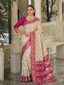 Silk <b>Saree</b> with Woven Border Floral Butti Design Traditional Style Wedding <b>Saree</b> <b>for</b> <b>Women</b> Indian All Seasons Gujarat Origin - Product Image 5