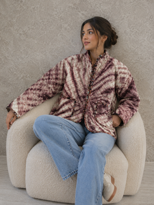 Vintage Tie Dyed <b>Quilted</b> Mandarin Collar Hooded Jacket Patch Pockets Full Sleeve 100% Organic Cotton Outerwear Warm Casual Coat - Product Image 2