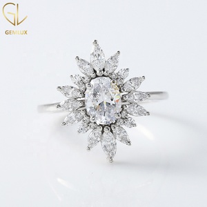Oval Cut Moissanite Diamond Halo Cluster Engagement <b>Ring</b>, <b>925</b> <b>Silver</b> Moissanite Diamond Sunburst <b>Ring</b> For Women Anniversary Gift - Product Image 1