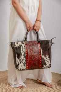 Bolso de Mano de Cuero Genuino de Lujo para Mujer, Estilo Bohemio Vintage, Diseño Floral, Cierre de Cremallera, Duradero, Estilo Occidental - Product Image 1