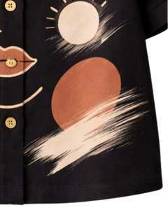 Conjunto de Dos Piezas para Mujer con Estampado Abstracto de Rostro Negro, Camisa de Manga Corta con Botones y Pantalones Anchos, Estilo Casual de Verano - Product Image 6