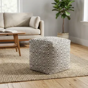 Black and White Woven Cube Pouf Ottoman Soft Cushioned Footrest Modern Floor <b>Stool</b> for Living Room Bedroom Home Decor - Product Image 4