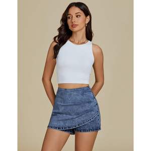 2025 High Waisted Midi Skorts Casual Stretch Denim Jean Shorts Button Decoration Trendy Asymmetrical <b>Wrap</b> Skort for Women - Product Image 4