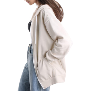 Sudadera con capucha y cremallera para mujer, de color sólido, de algodón tejido, informal, transpirable, para otoño, corte holgado, manga larga - Product Image 5