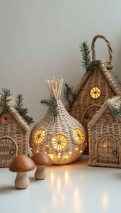 Handmade Woven Rattan Fairy House Lamp | Nursery Decor Night Light | Eco-Friendly Wicker Mushroom & Gnome Home Souvenir Gift - Product Image 2