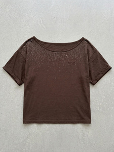 Oversized Bling T‑Shirt Custom <b>Rhinestone</b> Sparkly 100% Cotton women's shirt Off Shoulder Blouse Puff Embroidered Logo Knit <b>Top</b> - Product Image 4