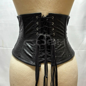 Corset gothique sous-poitrine en cuir gaufré effet peau d'animal noir, avec baleines en acier et ferrures argentées - Product Image 6