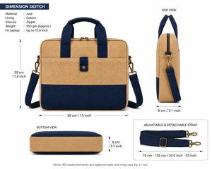 Sacoche Classique en Jute pour Ordinateur Portable 15,6 Pouces avec Poignée et Fermeture, Sac de Bureau et de Voyage Durable et Écologique avec Sangle Réglable - Product Image 2