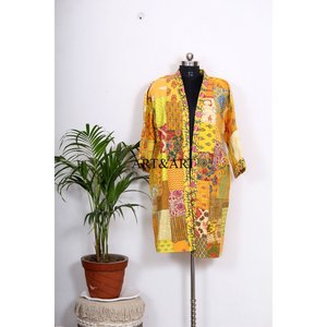 Robe longue kimono en soie Kantha, style bohème, faite à la main, imprimé multicolore, style jardin botanique, paradis d'été, robe unisexe, peignoir, tenue - Product Image 3