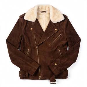 <b>Men's</b> Brown Sherpa Lined Leather <b>Jacket</b> Lightweight Zip Up Casual Outerwear Autumn Outdoor Wear <b>Shearling</b> Collar Winter <b>Jacket</b> - Product Image 3
