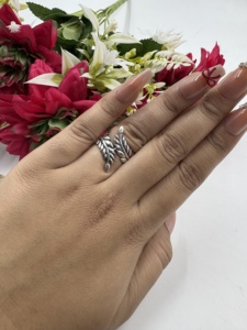 Wholesale Leaf <b>Silver</b> Plated <b>Ring</b> Vintage <b>Adjustable</b> Feather Brass <b>Ring</b> For Women - Product Image 2