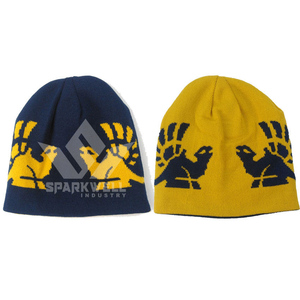 Bonnet en tricot jacquard unisexe avec motif animalier en bleu marine et jaune pour un usage décontracté en extérieur, taille adulte 56-58 cm - Product Image 1