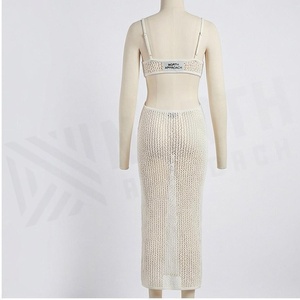 <b>White</b> Knitted Hollow Out Spandex Nylon Midi Dress With Scoop Neck And Side Cutouts For Women - Product Image 2