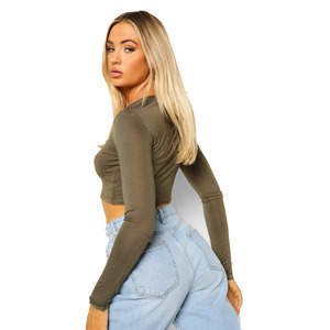 Wholesale Women's <b>Long</b> <b>Sleeves</b> Crop <b>Top</b> Square Neck Ruched Knitted Slim Fit Casual Wear For Women - Product Image 2