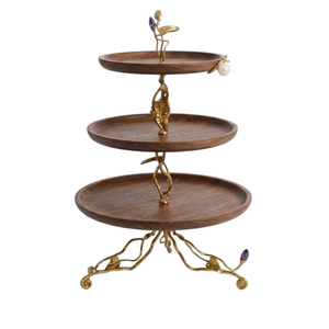 Luxurious <b>3</b>-<b>Tier</b> Wooden <b>Cake</b> <b>Stand</b> With Gold Branch Accent Elegant Walnut Finish Dessert Display For Weddings & Home Decoration - Product Image 1