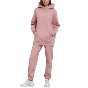 <b>Women</b> Pink Hooded Tracksuit <b>Set</b> Heavy <b>Weight</b> Loose Fit Sweatshirt Pants Solid Color Breathable Cotton Track Suit <b>Set</b> - Product Image 1