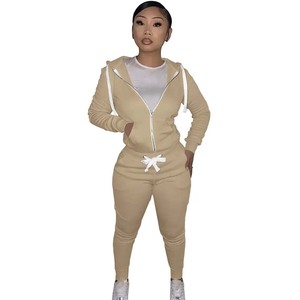 Conjunto Deportivo con Capucha para Mujer, Color Sólido, Manga Larga, Cierre Frontal, Ropa Casual de Otoño, Material Transpirable de Poliéster - Product Image 3