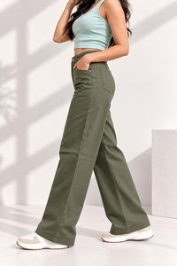 Pantalon large taille haute pour femme en denim de coton vert olive uni, coupe droite, longueur intégrale, décontracté, élégant, sombre, respirant, idéal pour l'été - Product Image 3