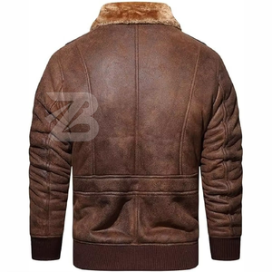 <b>Men's</b> Genuine Leather Aviator <b>Jacket</b> With Faux Fur Collar Zipper Closure Winter Moto Biker Style Thick Warm Coat - Product Image 3