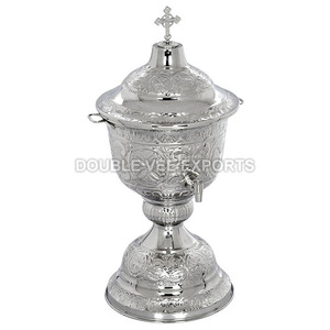 Fuente de Agua Bendita Ortodoxa |   Recipiente Litúrgico para Agua con Acabado Plateado Ornamentado, con Tapa y Grifo – DOUBLE VEE EXPORTS - Product Image 2