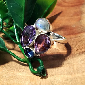 Natural Amethyst Moonstone Blue Kyanite 925 Sterling <b>Silver</b> Multi Gemstone Bohemia Style Third Party Certified <b>Statement</b> <b>Ring</b> - Product Image 6