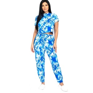 Women Tie Dye Crop Top Jogger Set 2 Piece <b>Matching</b> Tracksuit Lounge Wear Summer Casual Full Length Drawstring Pockets - Product Image 2
