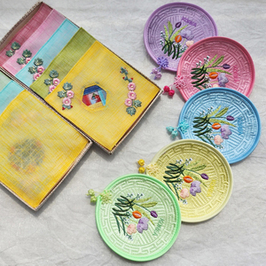 Korean Traditional Floral Embroidery Round <b>Coaster</b> Reusable Fabric Cup Tea Coffee Mat Decorative <b>Table</b> Accessory Gift Souvenir - Product Image 5