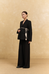 Full Length Notched Collar Full Sleeve 2 Piece Long <b>Set</b> Solid Plain Dyed Woven Silk Asymmetric Breathable Office Women's <b>Blazer</b> - Product Image 4