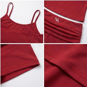 North Approach 2 Piece Yoga Set Off Shoulder Spaghetti Strap <b>Crop</b> <b>Top</b> High Waist Ruched Shorts Solid <b>Red</b> Full Sleeve Seamless - Product Image 4