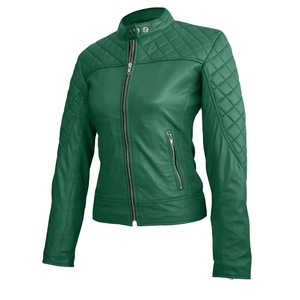 Women's Green <b>Leather</b> Motorcycle <b>Jacket</b> Quilted Stand Collar Full Sleeve Zipper Closure Solid Color Autumn Wear - Product Image 1