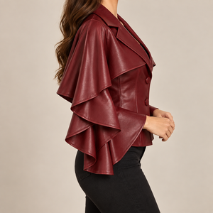 Women Burgundy <b>Leather</b> Ruffle Sleeve Fitted <b>Blazer</b> <b>Jacket</b> Peplum Button Front Fashion Coat - Product Image 2