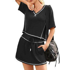Ensembles 2 pièces pour femmes : Hauts décontractés à manches courtes et jupes assorties avec cordon de serrage – Idéal pour sortir ou se détendre - Product Image 4