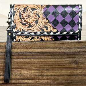 Portefeuille élégant en cuir de vachette de qualité supérieure, fait main, avec motifs floraux sculptés et motif à carreaux, pochettes pour femmes pour usage quotidien - Product Image 4