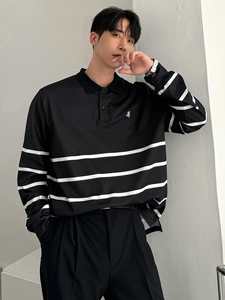 Polo rayé noir et blanc à manches longues pour hommes, chemise décontractée pour les trajets quotidiens, vêtements d'automne - Product Image 3