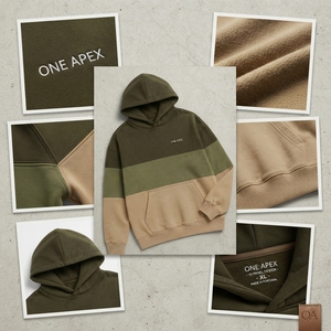Sudadera con Capucha para Hombre, Color Verde Oliva y Caqui, con Bloques de Color, de Forro Polar, con Logotipo Personalizado, Estilo Urbano, Informal, Holgada, para Otoño - Product Image 4