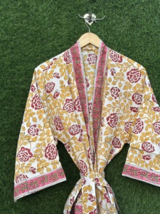 Bata Kimono de Algodón con Estampado Floral para Mujer, Larga, de Manga Larga, Informal, para Primavera/Verano, Suave, Ligera, Hecha a Mano, con Cuello en V - Product Image 1