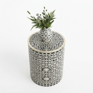 Handmade Black and White Floral Bone Inlay <b>Stool</b> Luxury Round Accent <b>Stool</b> with Mid-Century Tapered <b>Legs</b> Custom Indian Furniture - Product Image 6