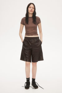 Women's Brown <b>PU</b> Coated Shorts Elastic Waist Loose Fit High Waisted Minimalist Style Woven Fabric Satin Material - Product Image 5