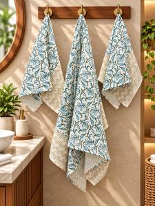 <b>Hand</b> Block Printed Cotton Bath <b>Towel</b> Set Blue Floral Indian Block Print <b>Towels</b> Soft Absorbent Printed <b>Bathroom</b> <b>Towels</b> - Product Image 1