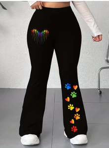 Pantalon évasé taille haute pour femme, motif cœur arc-en-ciel et patte, coupe ample, longueur intégrale, décontracté, en tricot de coton et élasthanne respirant, idéal pour le printemps - Product Image 3