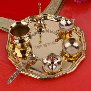 Juego de Thali de Metal Premium para Pooja con Diseño Grabado Shubh Labh, Acabado Dorado, Bandeja Decorativa para Puja con Campana Tradicional y Diya - Product Image 3