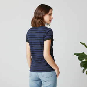 Chemise bleu marine avec doublure noire à motifs pour femmes, tissu de qualité supérieure, t-shirts à manches courtes pour femmes - Product Image 2