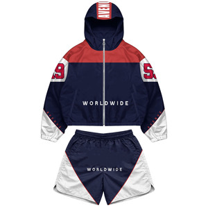 Durable 125 GSM woven polyester windbreaker short set navy red <b>white</b> contrast panels embroidered logo style plus size - Product Image 1