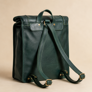 Vintage Green Leather <b>Backpack</b> <b>Roll</b> <b>Top</b> Satchel Bag Brass Buckle Laptop Travel Rucksack for Men Women Stylish Use - Product Image 2